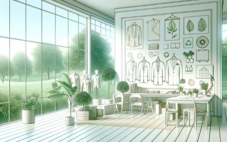 Minimalist and utopian sustainable men's fashion studio with eco-friendly fabric samples and garment sketches. Bright, airy space with large windows overlooking a lush green landscape, symbolizing harmony with nature. Modern, clean design with a natural color palette, emphasizing eco-conscious fashion.