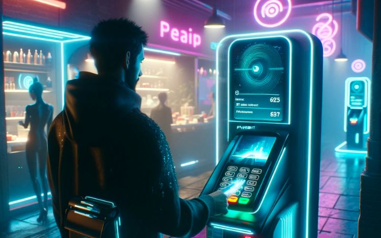Blade Runner-inspired futuristic payment scene in a store, with neon lighting and high-tech payment terminal, symbolizing advanced, eco-friendly commerce in men's sustainable fashion.