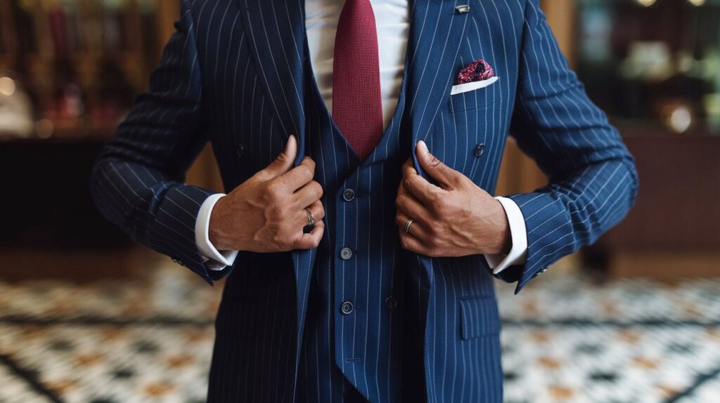A photo of a man wearing a classic suit with a white shirt and a red tie. The suit is a dark blue color and has a pinstripe pattern. The man is standing in a room with a patterned floor. The background is blurred and contains a few items. The lighting is soft.