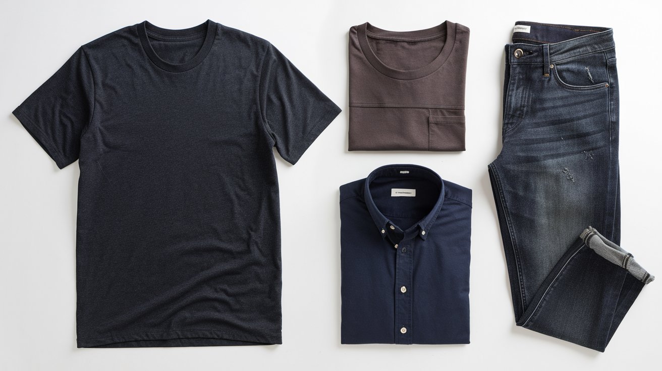 A photo of a well-made, neutral-colored t-shirt, jeans, and button-down shirt. The t-shirt is black and has a simple design. The jeans are dark grey and have a slight distressing. The button-down shirt is navy and has a classic fit. All the pieces are placed on a white background.
